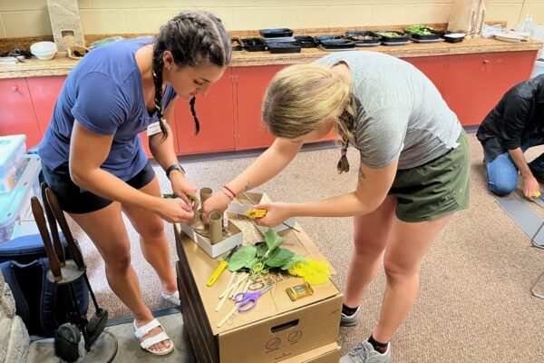 a couple of women working on a planter